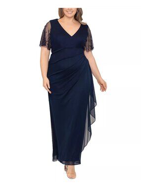 XSCAPE Womens Plus Lace Sleeve V Neck Dress Navy Gunmetal Size 16W NWT